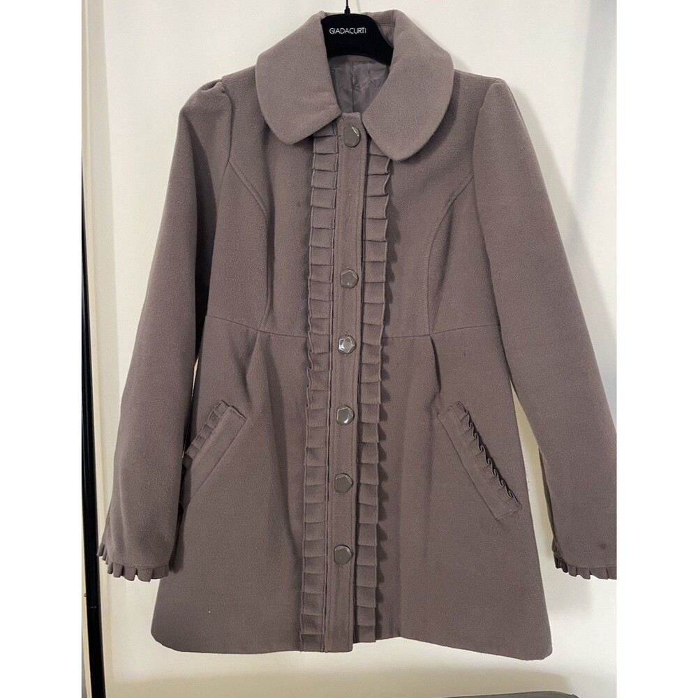 Jolt Vegan Wool Ruffled Trim Lapel Bow Back Peacoat Jacket Womens Gray SZ S